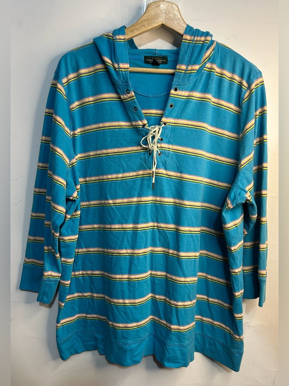 LRL Lauren Ralph Lauren Blue Striped Hooded Shirt 3X